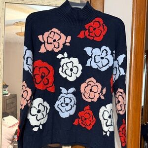 LOFT Navy Sweater with Red and White Floral Design